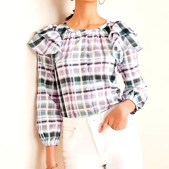 Ann Taylor Tops - NWT Ann Taylor Cotton Plaid Ruffle Sleeve Top, Size S
